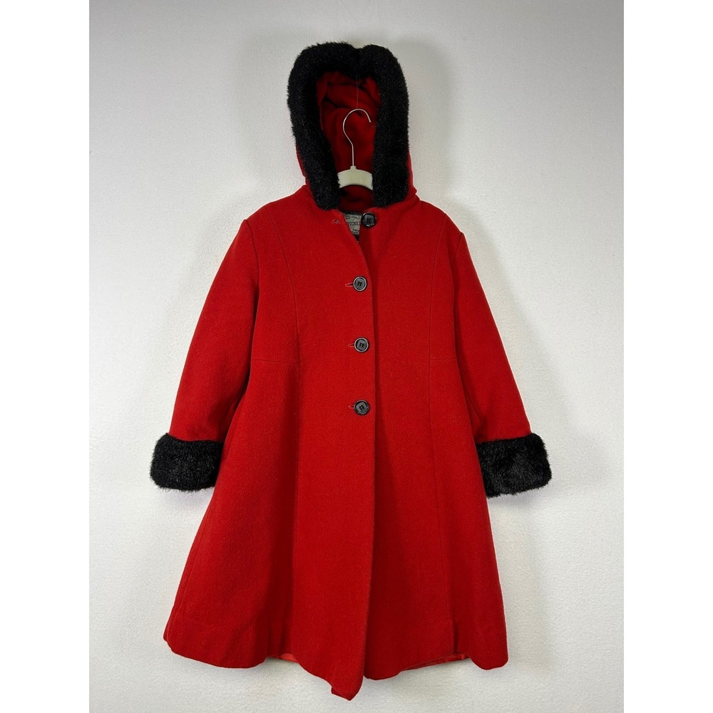 Vintage Holiday Rothschild Kids Size 6 Red Wool Hooded Faux Fur Trim Coat C56329